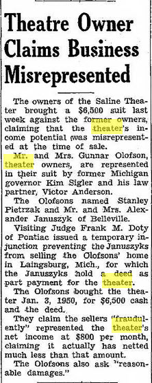 Saline Theatre - Apr 20 1950 Article On Owner Dispute (newer photo)